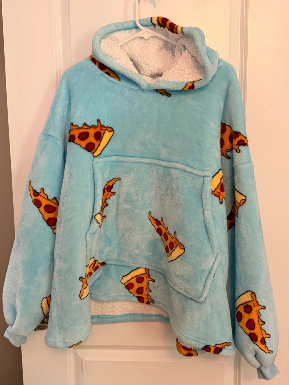 Kids Plush Hoodie with Pizza Print - Light Blue - dreamnique